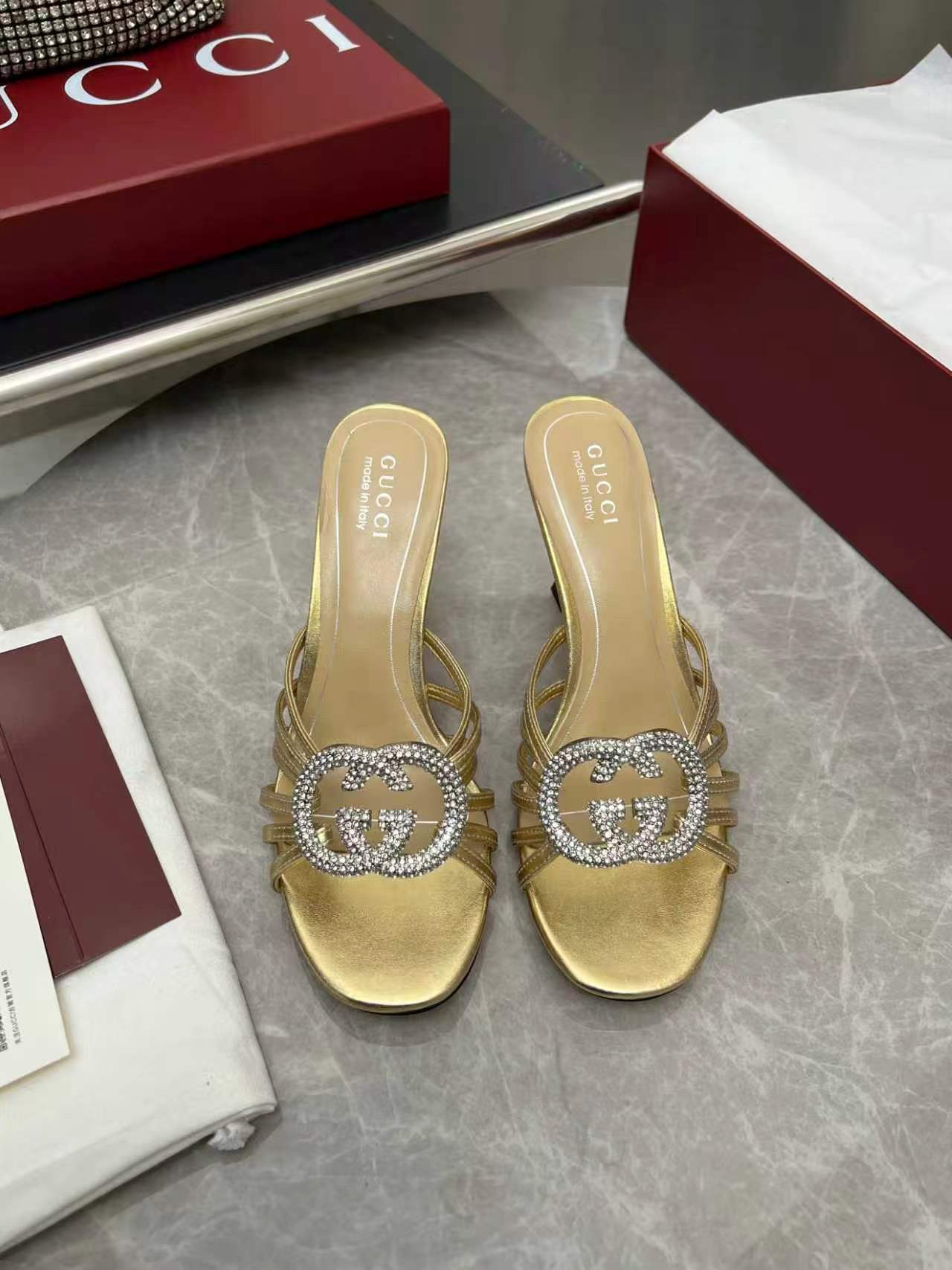 Gucci Crystal Interlocking G Metallic Leather Mules